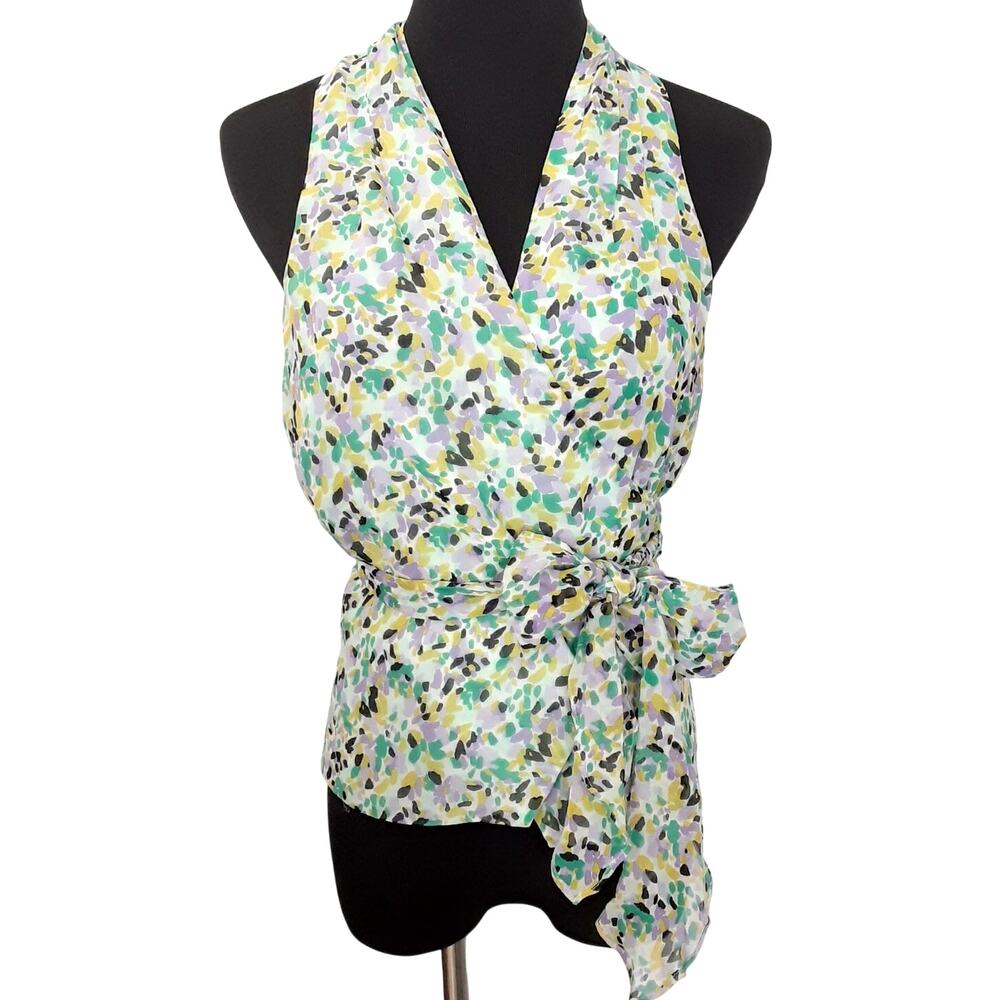 Nicole Miller 100% Silk Wrap Blouse V Neck Sleeveless Mint Floral Womens M